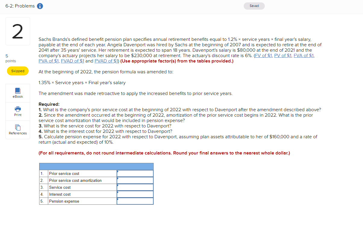 6-2: Problems i Saved 2 2 Sachs Brands's defined benefit pension
