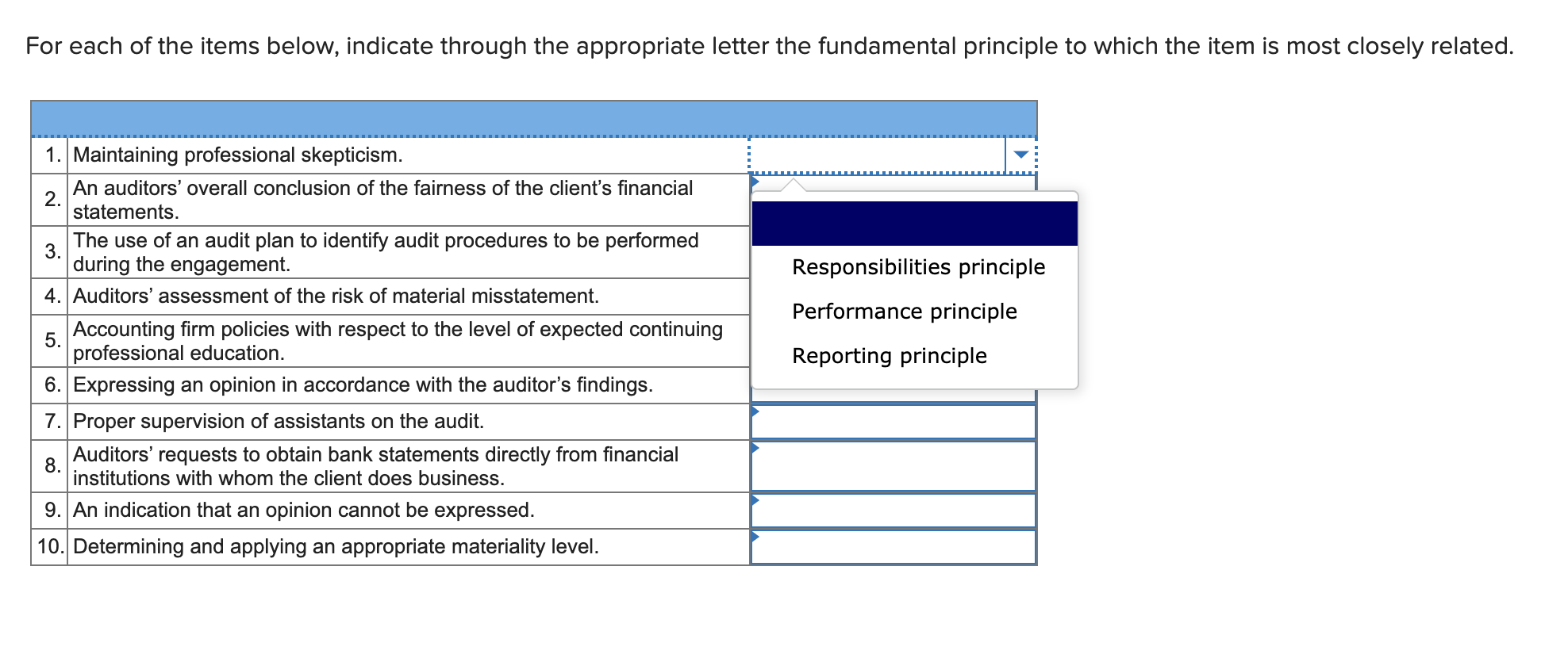 For each of the items below, indicate through the appropriate letter