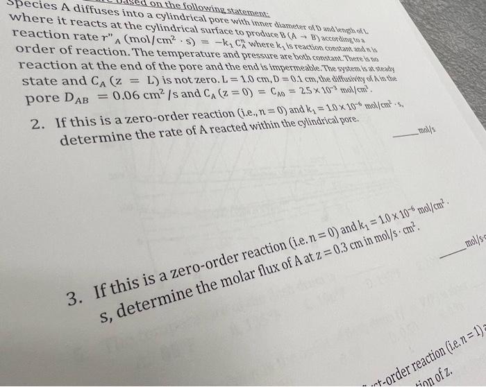  pecies A diffuses into a cylindrical pore with inner diameter of