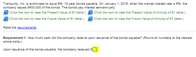 Tranquility?, Inc. is authorized to issue 5?%, ?10-year bonds payable. On January?