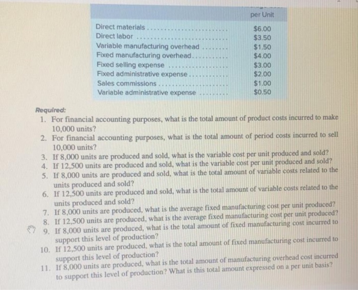  per Unit Direct materials .... $6.00 Direct labor $3.50 Variable manufacturing