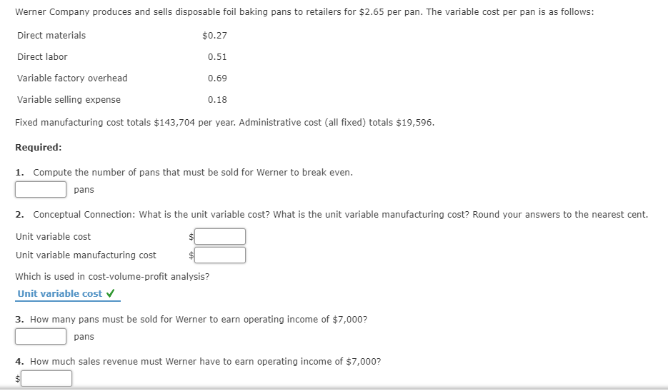 Units Sold to Break Even, Unit Variable Cost, Unit Manufacturing Cost, Units