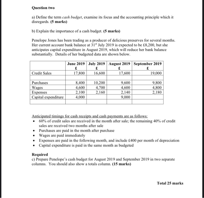  Question two a) Define the term cash budget, examine its focus