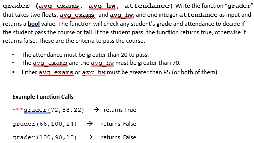  grader (avgexams, avgh attendance) Write the function "grader" that takes two