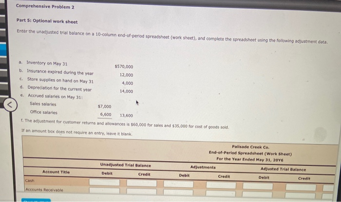 Comprehensive Problem 2 Part 5: Optional work sheet Enter the unadjusted trial