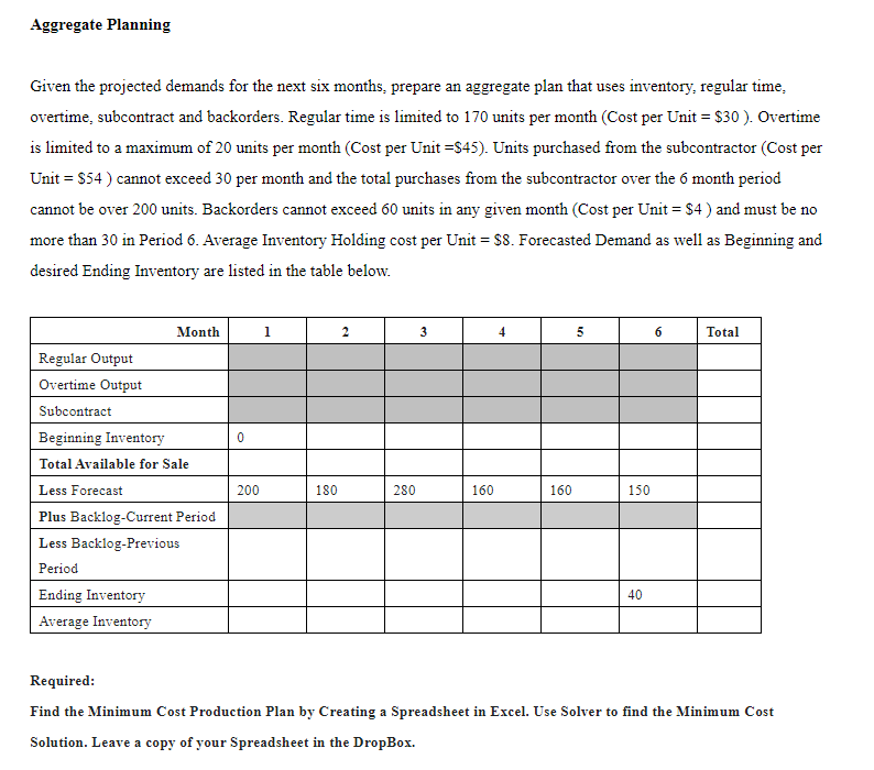  Aggregate Planning Given the projected demands for the next six months,