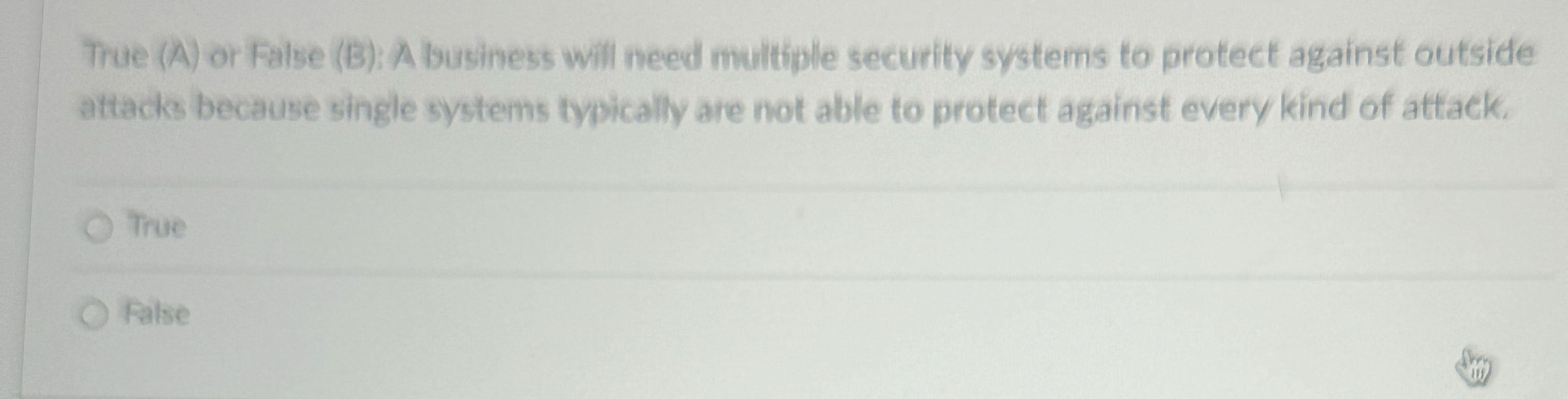  True (A) or False (B): A business will need multiple security
