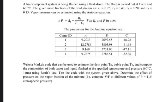 Separation course A four component system is being flashed using a flash