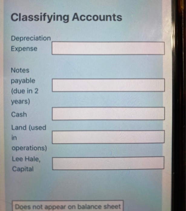  Classifying Accounts Depreciation Expense Notes payable (due in 2 years) Cash