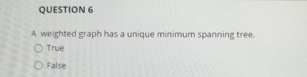  QUESTION 6 A weighted graph has a unique minimum spanning tree.