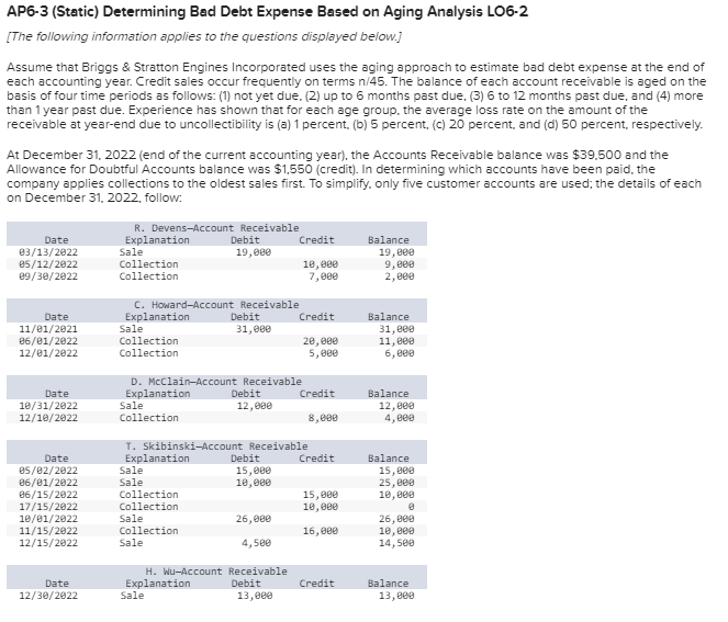 AP6-3 (Static) Determining Bad Debt Expense Based on Aging Analysis LO6-2
