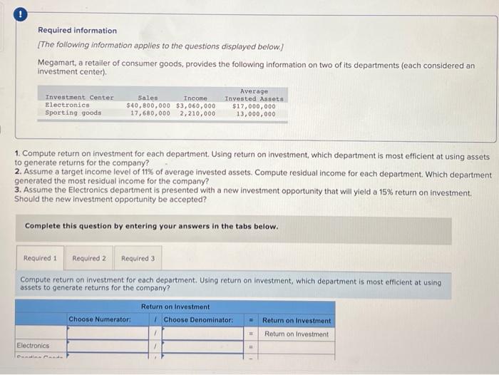  1. Compute return on investment for each department. Using return on