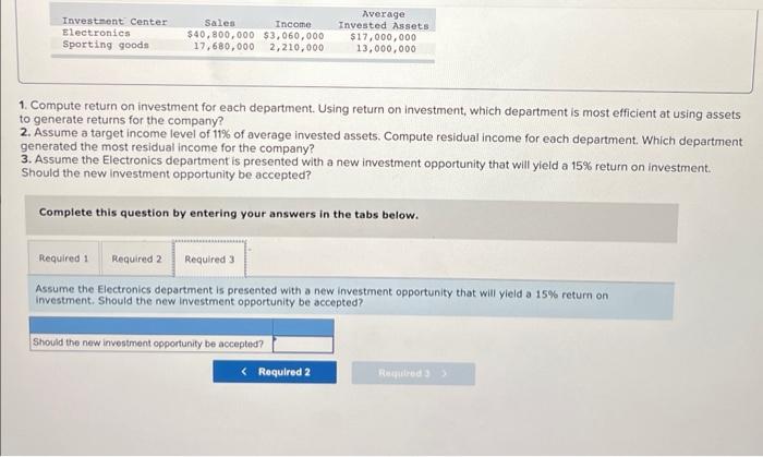 average invested assets. Compute residual income for each department. Which departmer generated