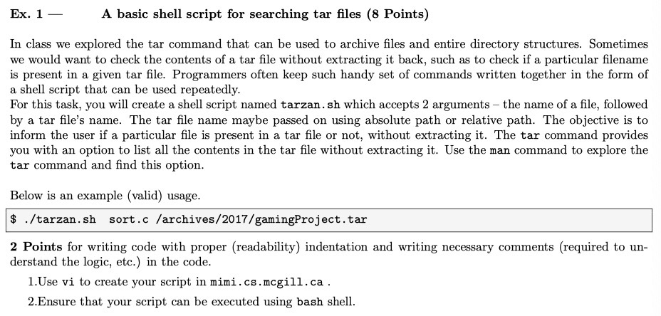  Ex. 1 - A basic shell script for searching tar files