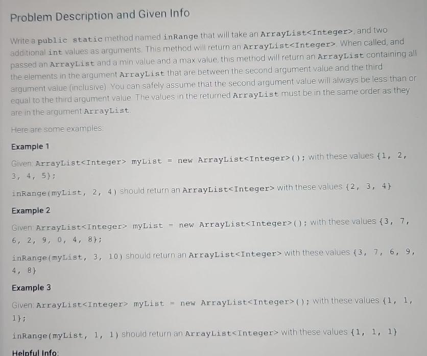  Problem Description and Given Info Write a public static method named