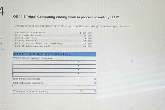 QS 14-6 (Algo) Computing ending work in process inventory LO P1