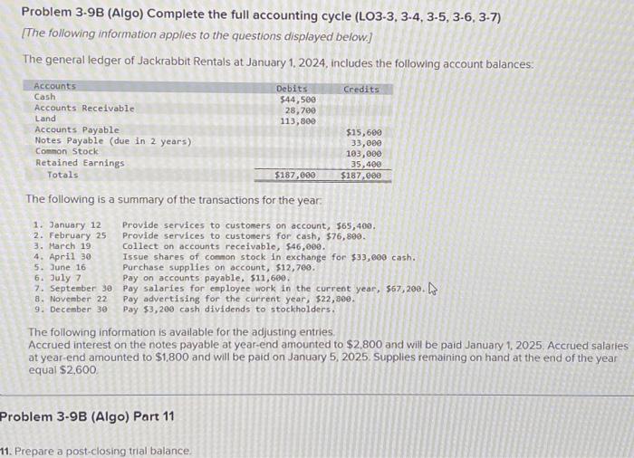 Problem 3-9B (Algo) Complete the full accounting cycle (LO3-3, 3-4, 3-5, 3-6,