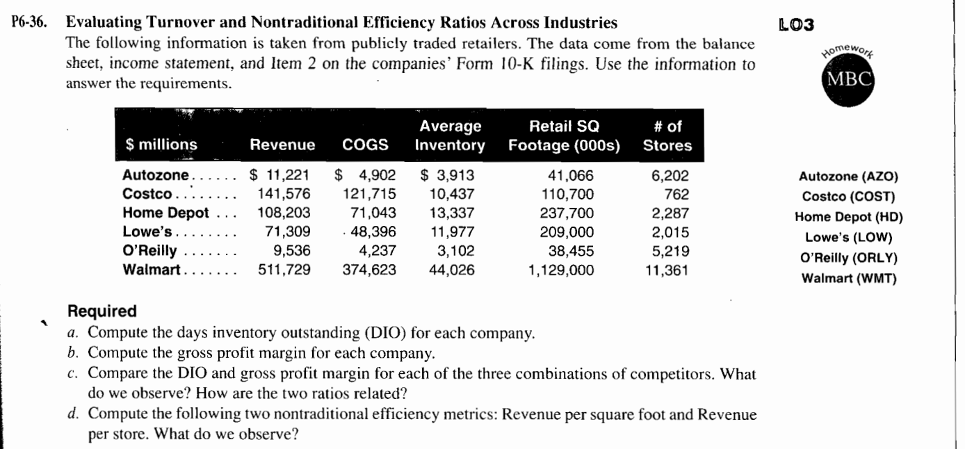  -36. Evaluating Turnover and Nontraditional Efficiency Ratios Across Industries LO3 The
