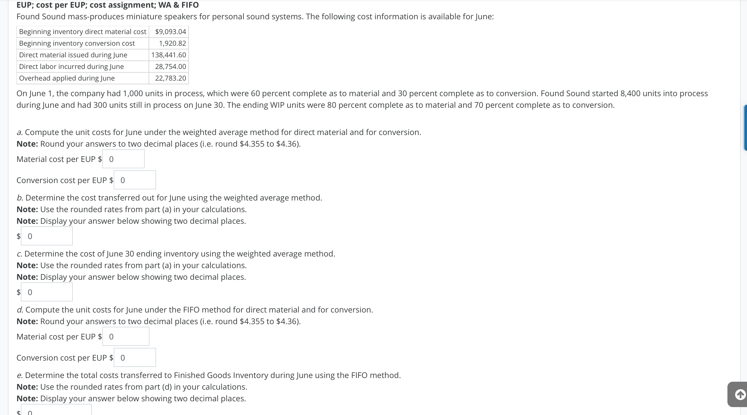 EUP; cost per EUP; cost assignment; WA & FIFO Found Sound