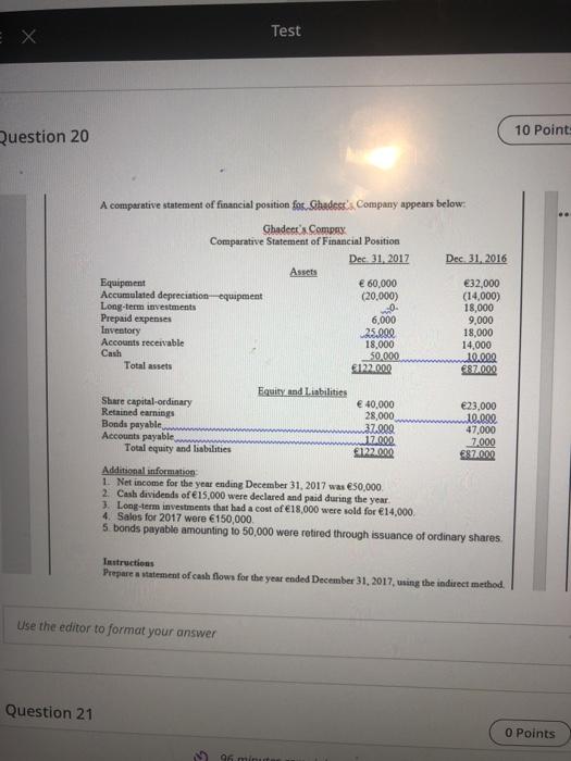 cach flow Test 10 Point: Question 20 A comparative statement of financial