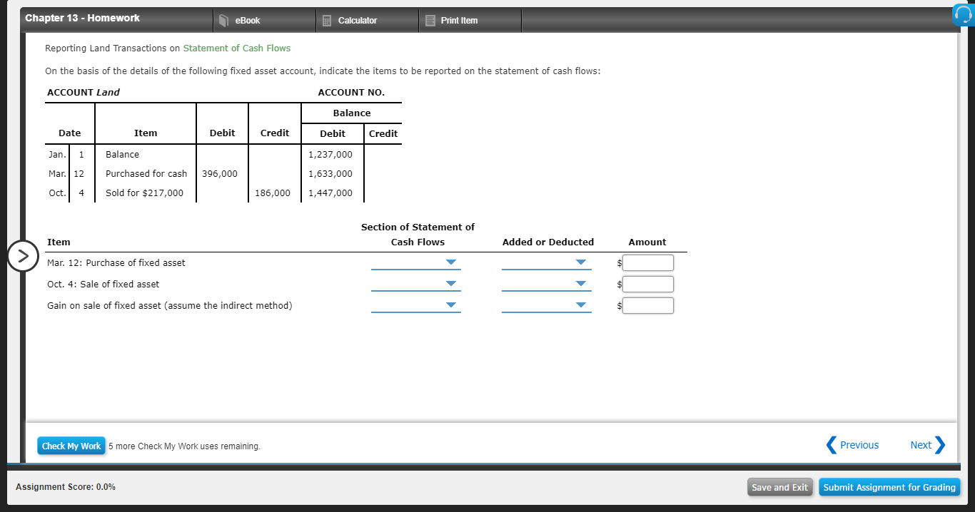  Chapter 13 - Homework eBook Calculator Print Item Reporting Land Transactions