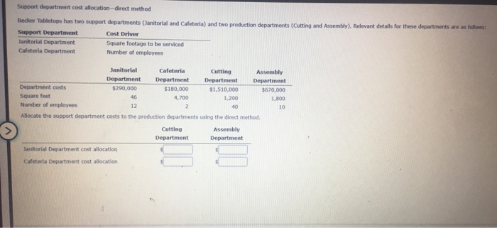  Support department cost allocation direct method Becker Tabletops has two support