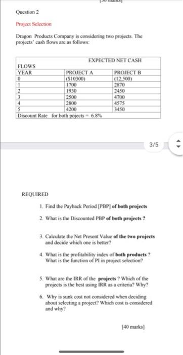  Question 2 Project Selection Dragon Products Company is considering two projects.
