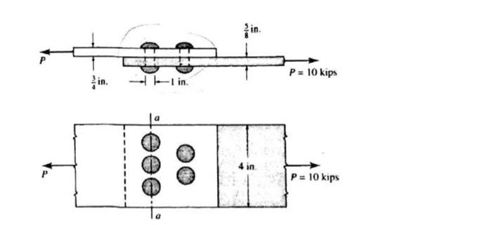 fastened by 5 one-inch diameter rivets. For P=10 kips, determine (1.) the