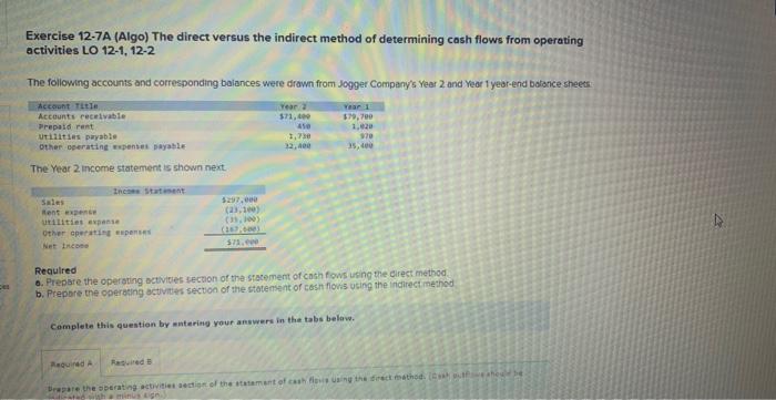 help asap please! Exercise 12-7A (Algo) The direct versus the indirect method