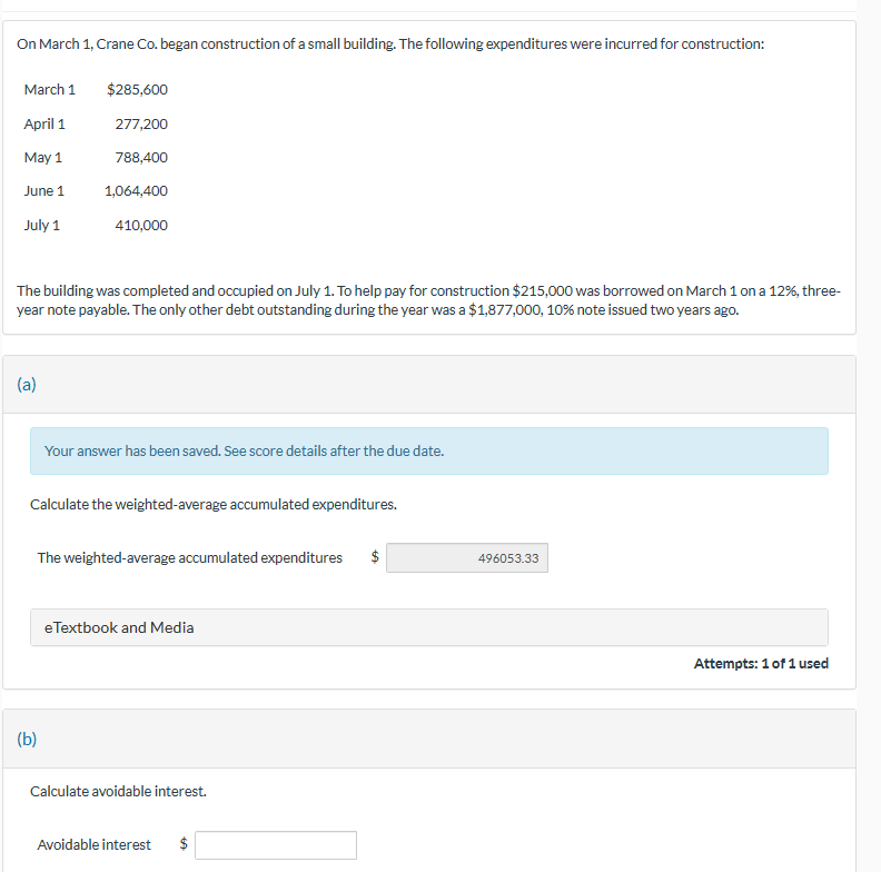 ANSWER FOR B PLEASE On March 1, Crane Co. began construction of