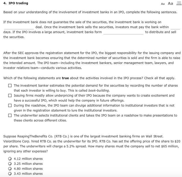 4. IPO trading Aa Aa E Based on your understanding of