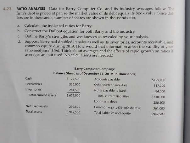 4-23 RATIO ANALYSIS Data for Barry Computer Co. and its industry