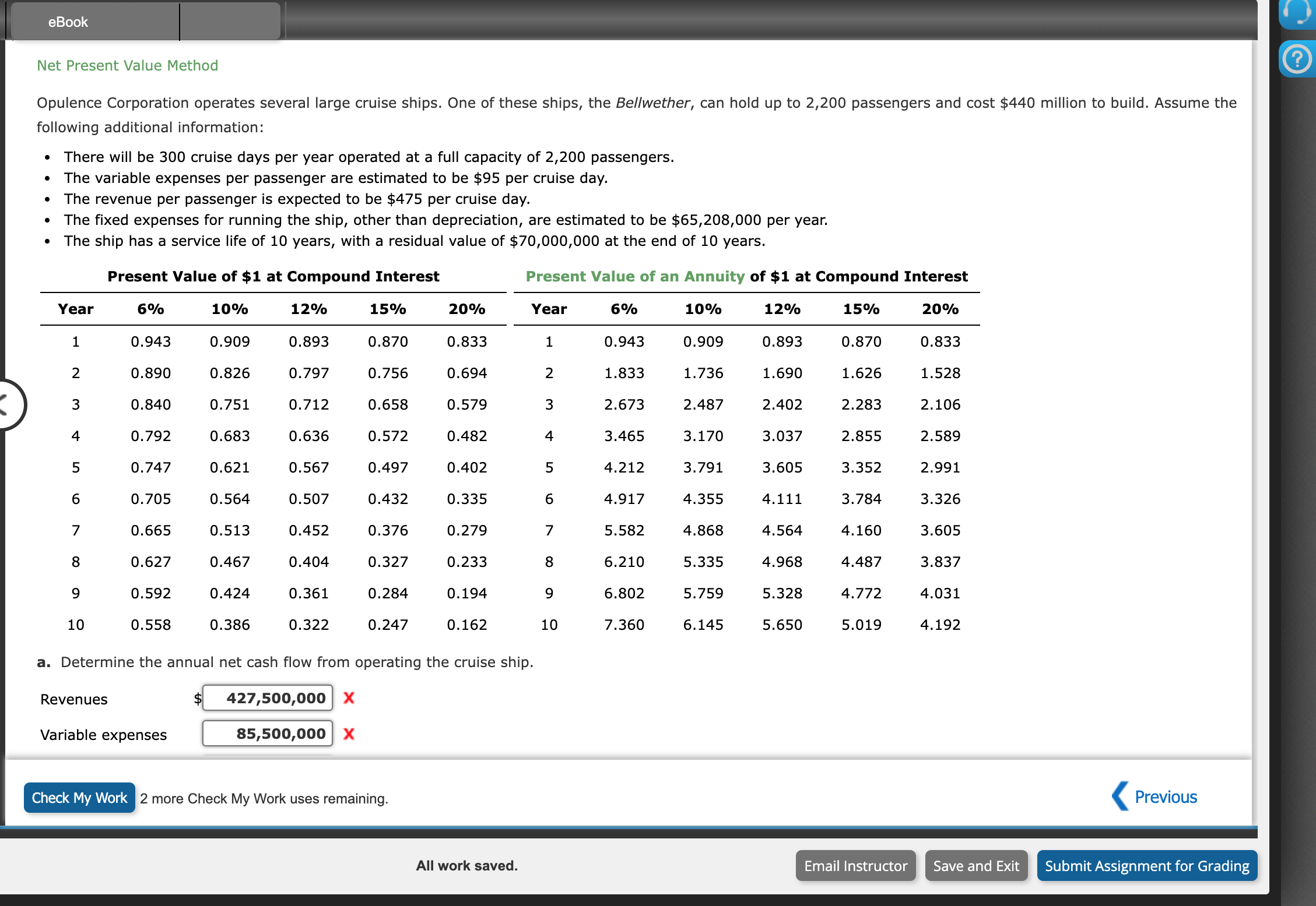 Net Present Value Method Opulence Corporation operates several large cruise ships.