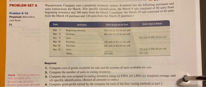  PROBLEM SET A Warnerwoods Company uses a perpetual inventory system. It
