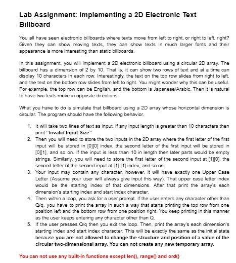  Lab Assignment: Implementing a 2D Electronic Text Billboard You all have