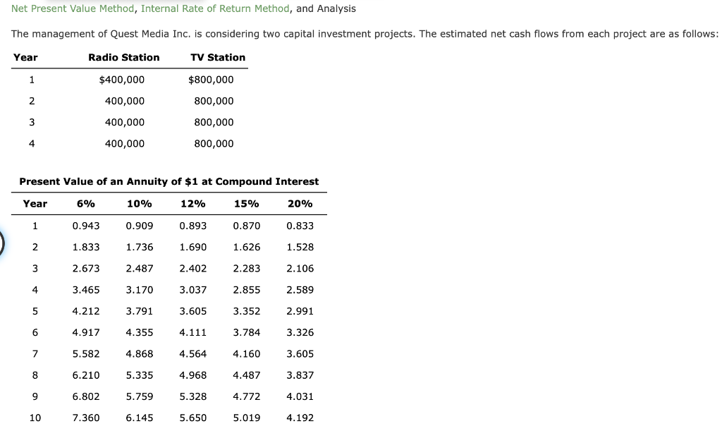  Net Present Value Method, Internal Rate of Return Method, and Analysis