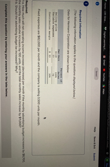shown below: Selling price Variable expenses Contribution margin Per Unit $ 110