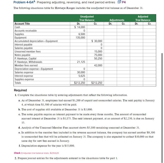 please answer all the questions Problem 4-6AA Preparing adjusting, reversing, and next