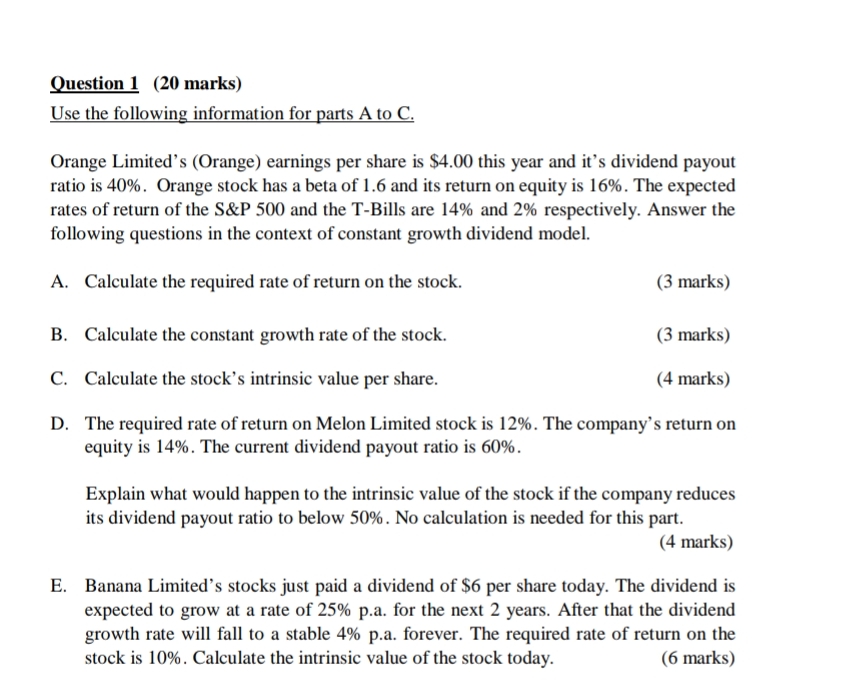  Question 1(20 marks) Use the following information for parts A to