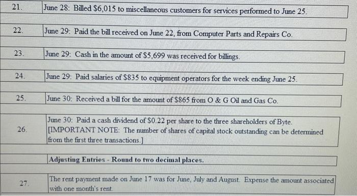 Write the transactions into the template 21. June 28: Billed $6,015 to