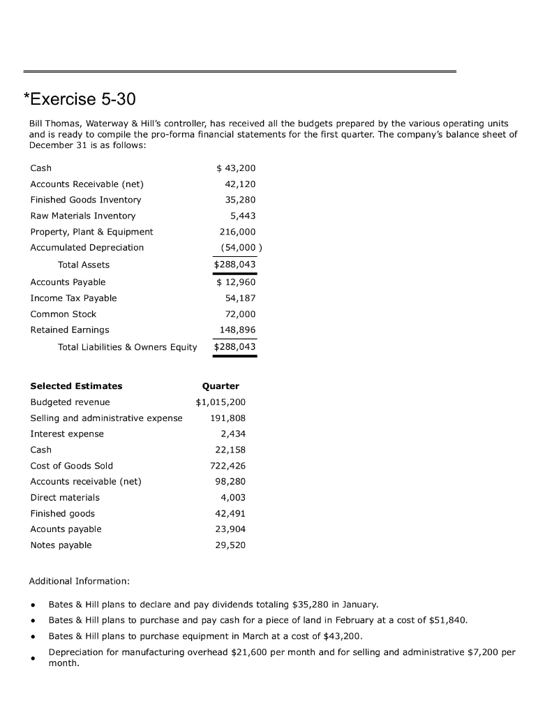 *Exercise 5-30 Bill Thomas, Waterway & Hill's controller, has received all