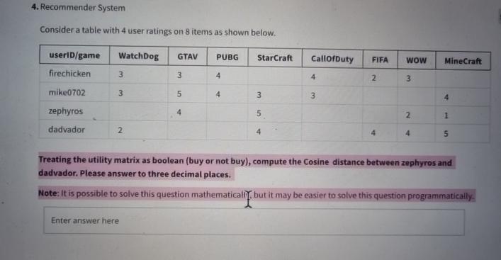  Recommender System Consider a table with 4 user ratings on 8