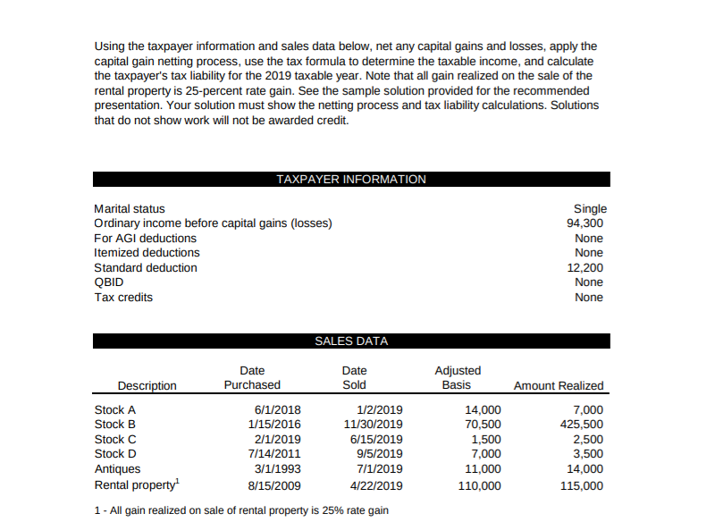  Using the taxpayer information and sales data below, net any capital