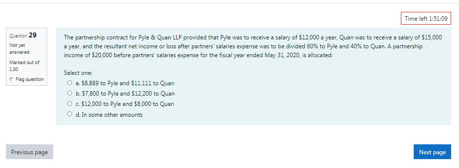 Time left 1:51:09 Question 29 The partnership contract for Pyle &