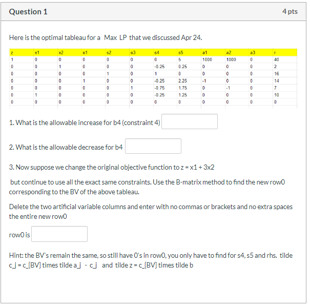  Question 1 4 pts Here is the optimal tableau for a