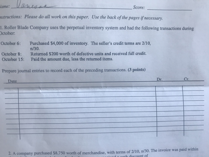  Score: nstructions: Please do all work on this paper. Use the