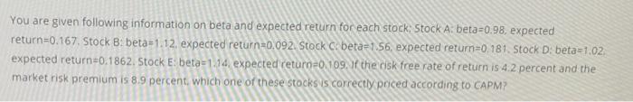  You are given following information on beta and expected return for