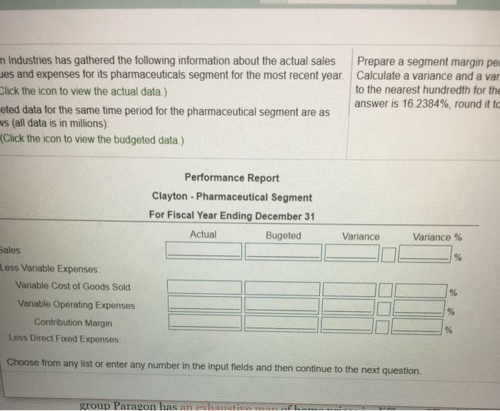 Industries has gathered the following information about the actual sales and expenses