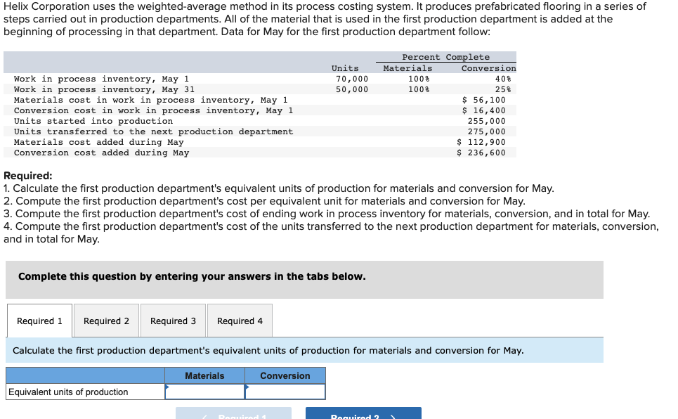 Helix Corporation uses the weighted-average method in its process costing system.