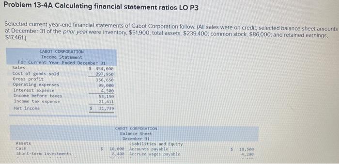 need help with required 1-11 Problem 13-4A Calculating financial statement ratios